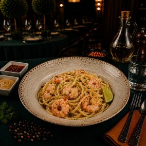 Capri - linguine aglio olio e peperoncino, gamberi e lime