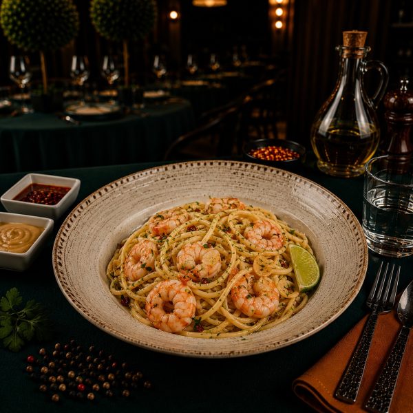 Capri - linguine aglio olio e peperoncino, gamberi e lime